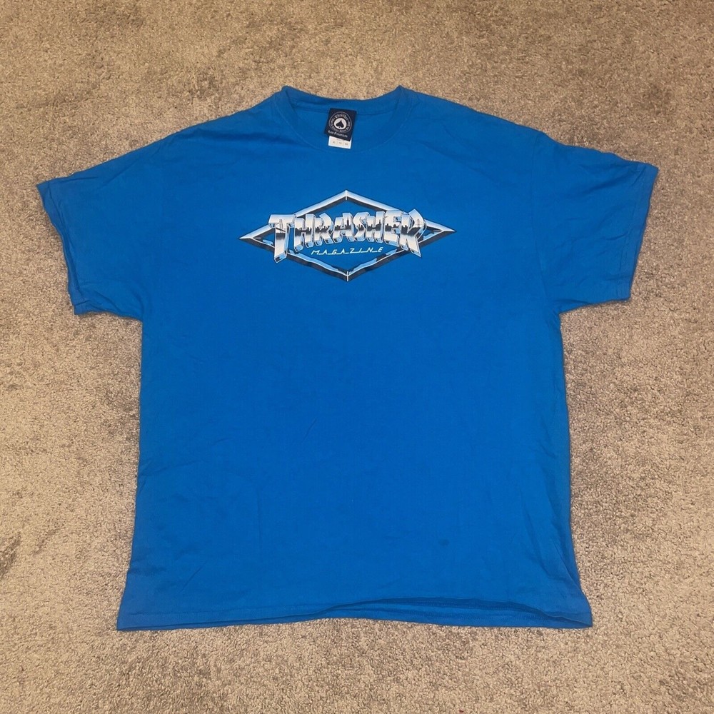 Thrasher Magazine Diamond Emblem Skateboard Blue Short Sleeve Tee Size XL